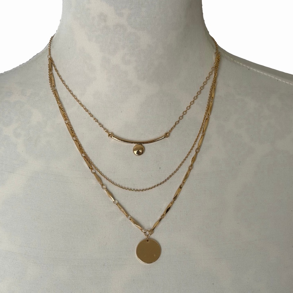 Layered Gold Tone Disc Pendant Necklace | Minimalist Bar & Coin Chain